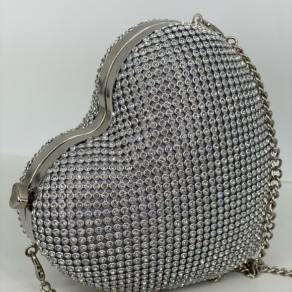 Silver Heart-Shaped Rhinestone Clutch Crossbody purse - Picture 3 of 7